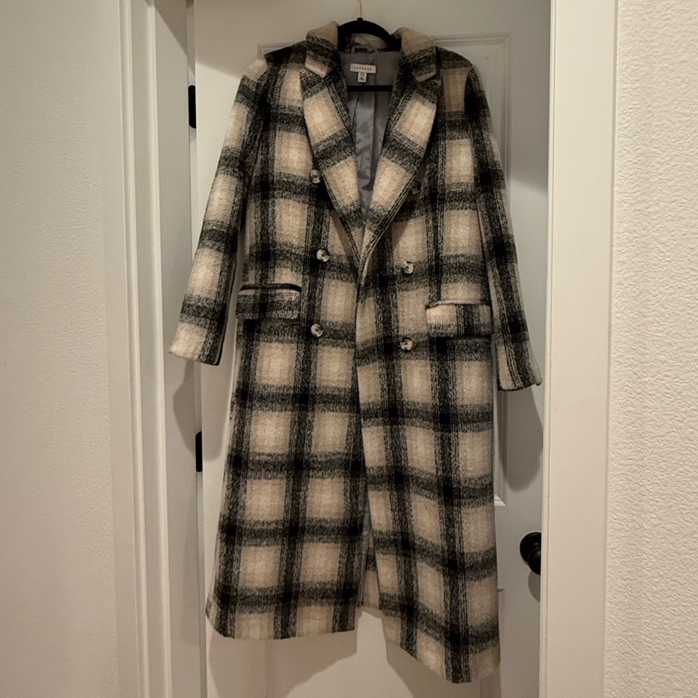 Topshop Black and Cream Checkered Trench Coat